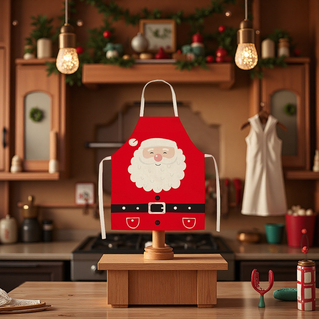 Christmas creative fine linen printed apron, stain-resistant work clothes, parent-child kitchen apron, women's clothing, Christmas decorations, office culture, Christmas supplies details Picture