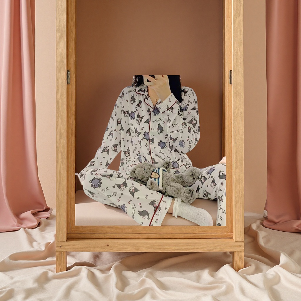 ins Spring and Autumn Women's long-sleeved polka dot cute cross-border trade lapel cartoon milk silk home four-piece set details Picture