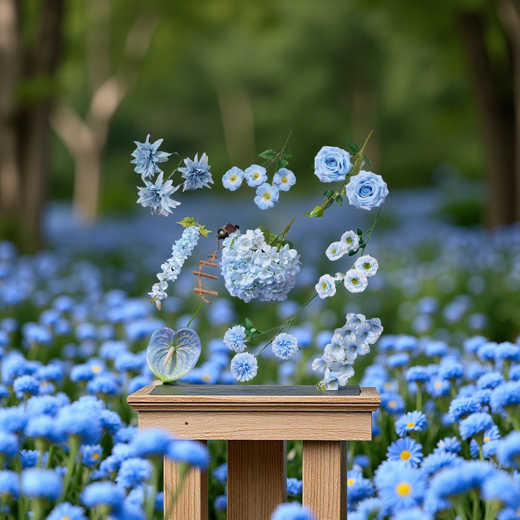 莫奈花园之窗蓝色仿真花插花婚礼装饰路引花束办公文化园艺假花排花束婚庆布置