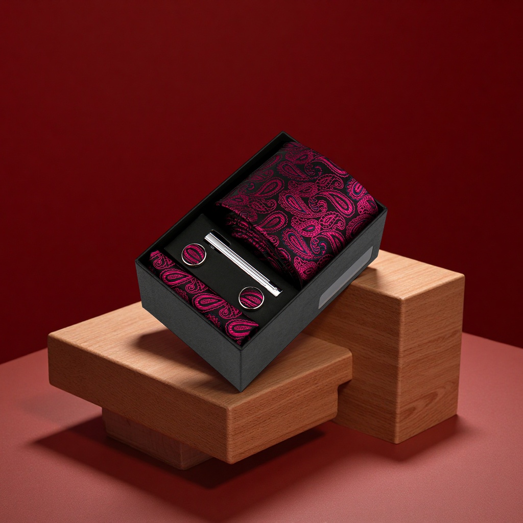 男士商务佩斯利领带口袋巾礼盒套装结婚礼服红色7.5cm手工打结领带配饰