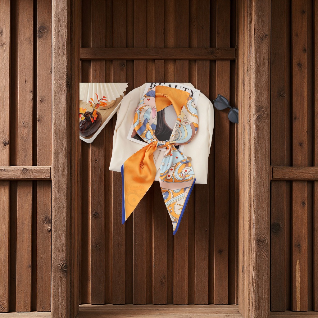 欧美风2025爆款斜角飘带长条丝巾工厂批发时尚格子纹防晒围巾领巾女装配饰