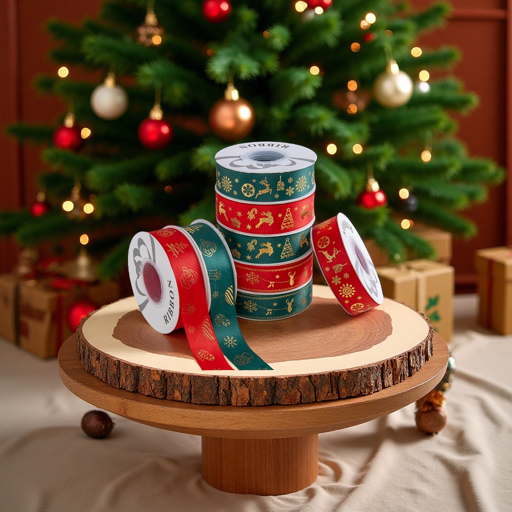 Christmas tree gift packaging ribbon, 2.5cm polyester gold-embossed ribbon, festival decoration, DIY clothing accessories, scarf, silk scarf, sun-protective clothing, sash details Picture