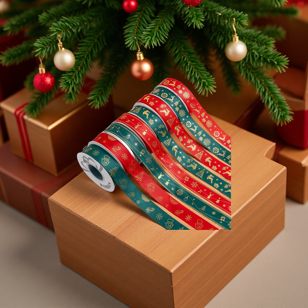 Christmas tree gift packaging ribbon, 2.5cm polyester gold-embossed ribbon, festival decoration, DIY clothing accessories, scarf, silk scarf, sun-protective clothing, sash Item Picture