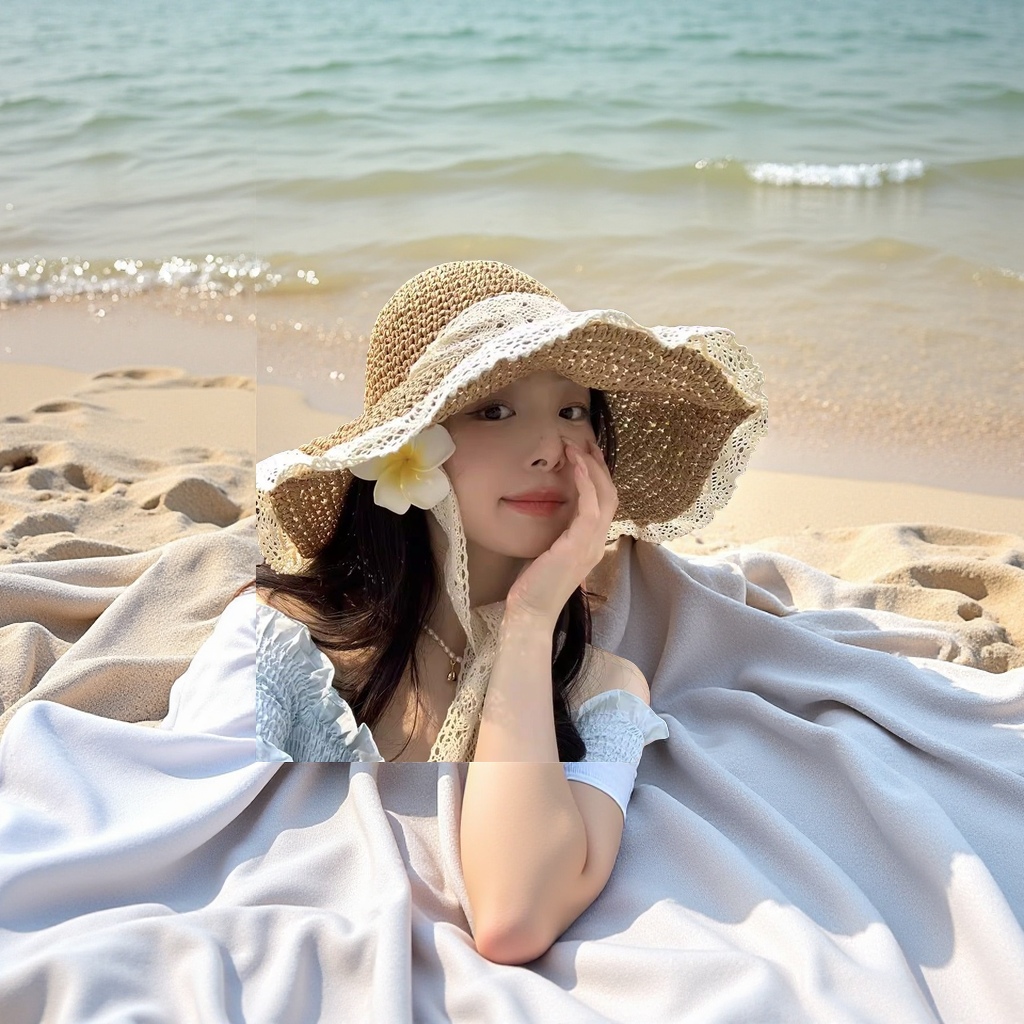 海边草编帽女ins系带遮阳帽沙滩防晒蕾丝出游太阳帽成人帽子