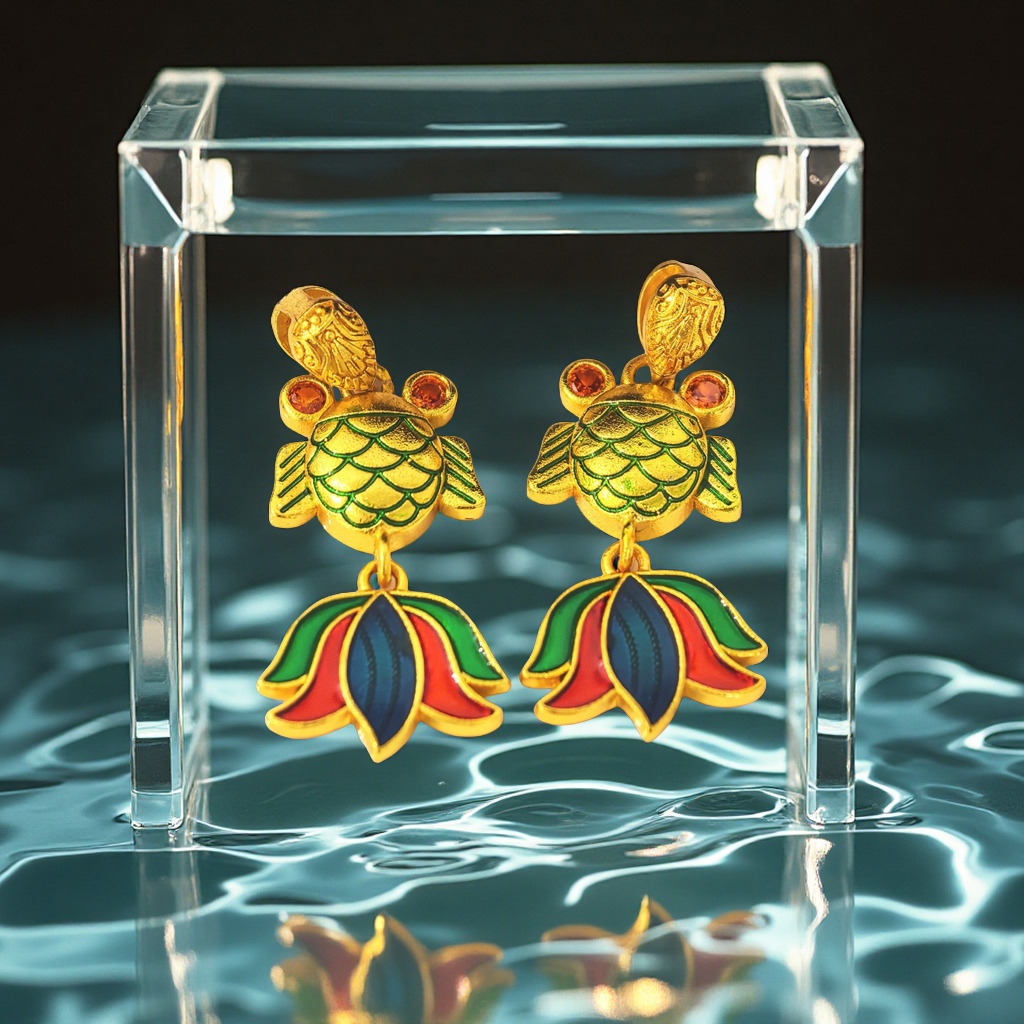 Ancient-style gold electroplating, retro and dynamic koi fish, hand-dripping oil, ocean series colorful earrings, excluding necklace, wholesale accessories and earrings Specification image