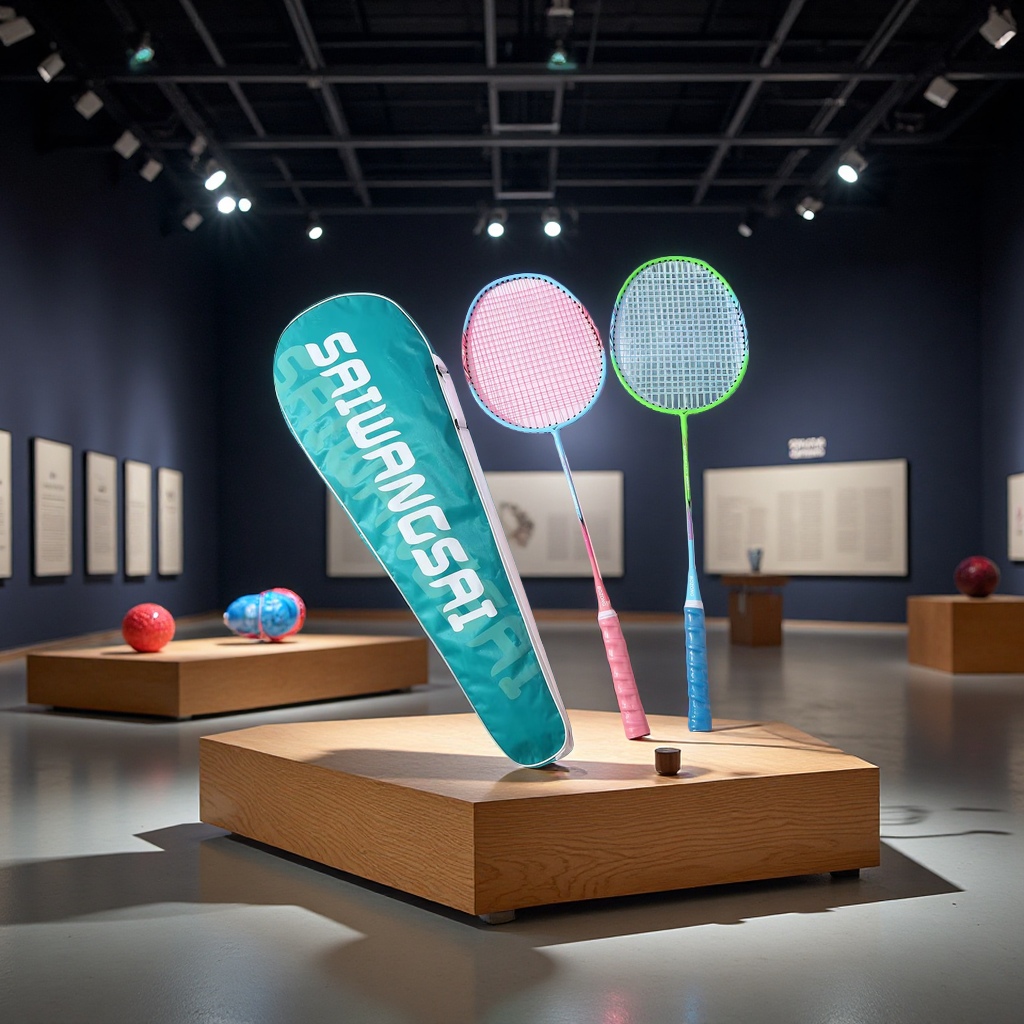 The badminton racket has a blue and pink handle, a green and blue racket face, and blue and pink binding lines