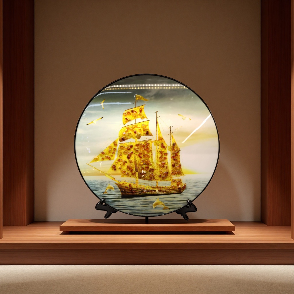 天然琥珀画一帆风顺工艺品手工挂饰家居装饰收藏礼品艺术品