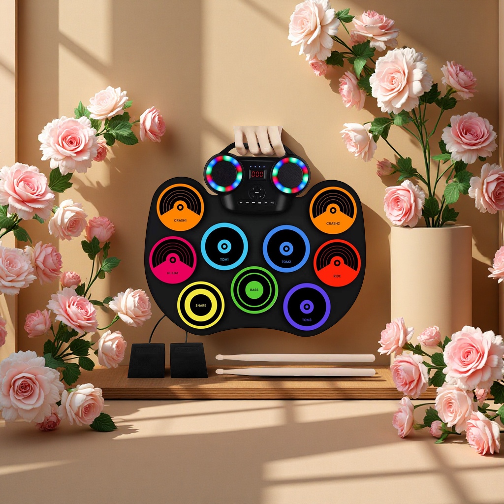 Hand-rolled electronic drum, portable flashing light, Bluetooth drum kit, built-in lithium battery and speaker, suitable for beginners to play and practice details Picture