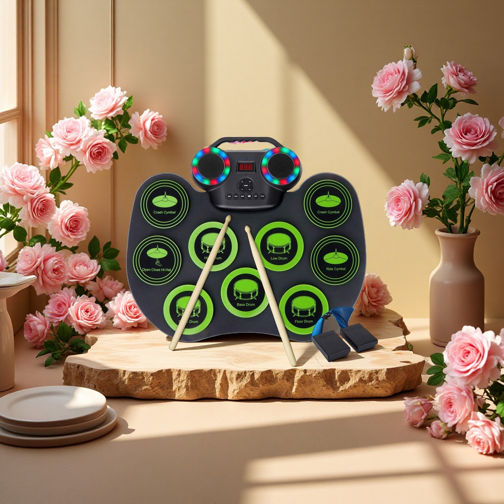 Hand-rolled electronic drum, portable flashing light, Bluetooth drum kit, built-in lithium battery and speaker, suitable for beginners to play and practice