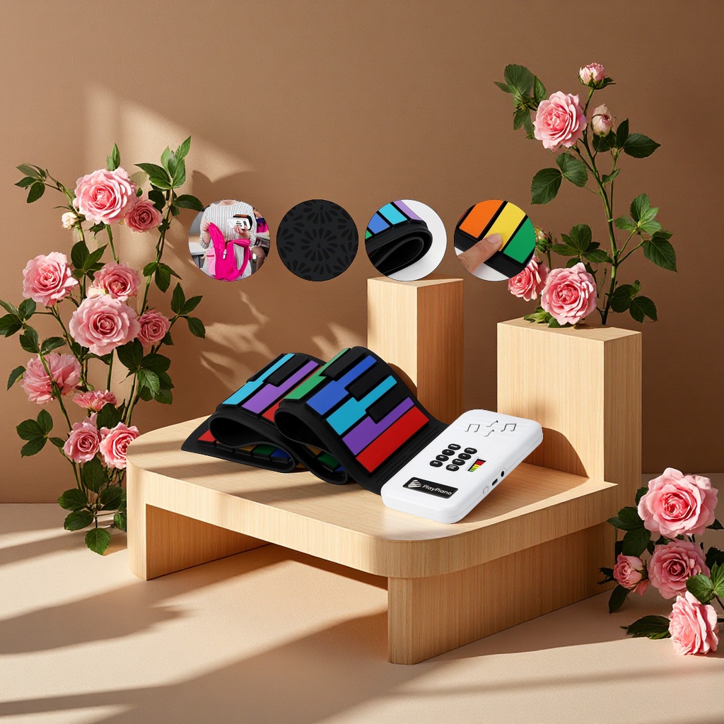 跨境电商热卖彩色手卷钢琴49键彩虹折叠便携儿童入门电子琴手卷钢琴适合初学者