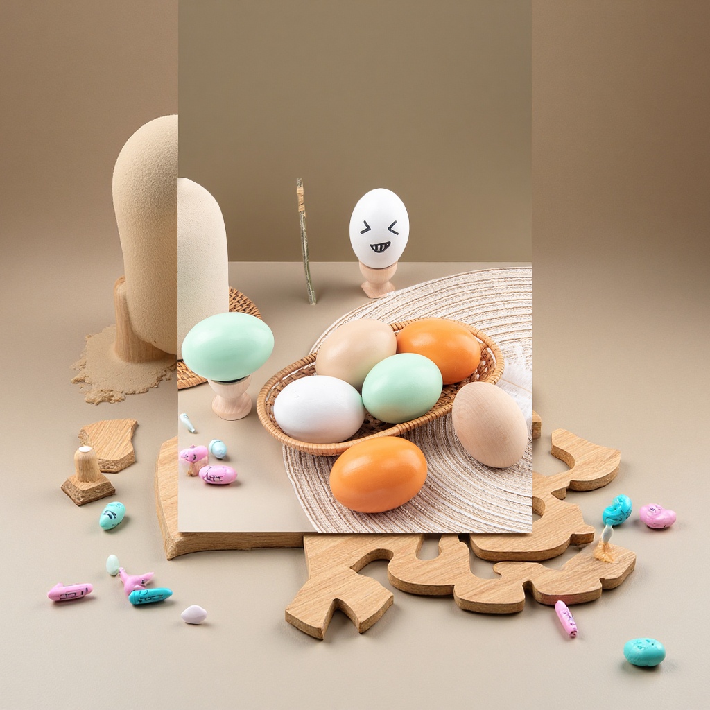 Cross-border solid wooden simulation egg model, children's hand-drawn graffiti, house play toys, prank eggs, fresh food, fresh eggs details Picture