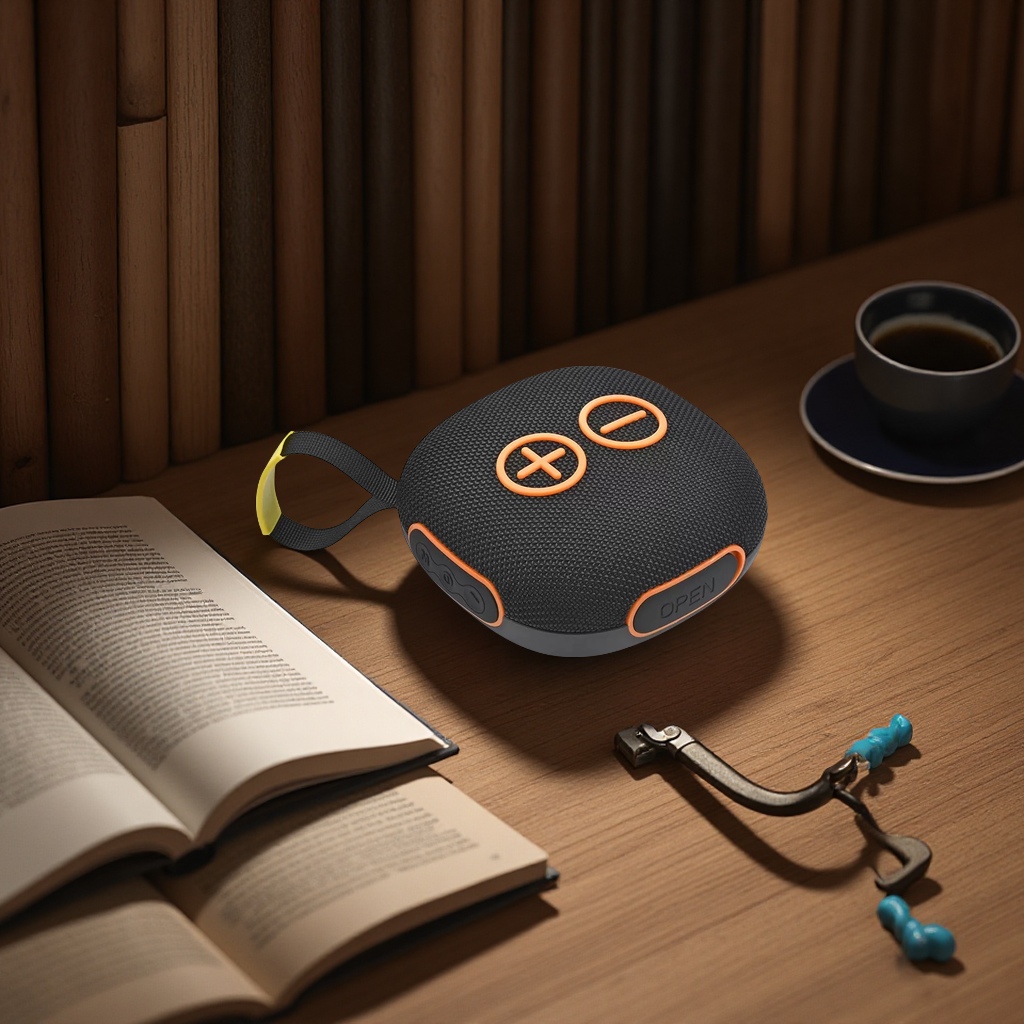 OEM便携无线蓝牙防水音箱支持布料材质FM收音TF插卡AUX接口TWS立体声重低音灯光效果超重低音扬声器