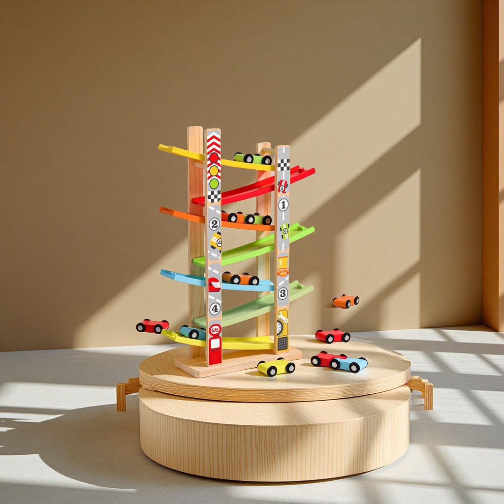 Children's multi-layer wooden track gliding car racing toy, inertial sliding racing car, fun slide, leisure sports toy details Picture