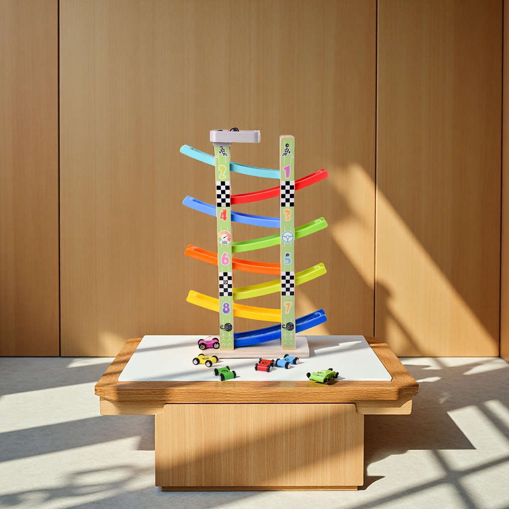 Children's multi-layer wooden track gliding car racing toy, inertial sliding racing car, fun slide, leisure sports toy Item Picture