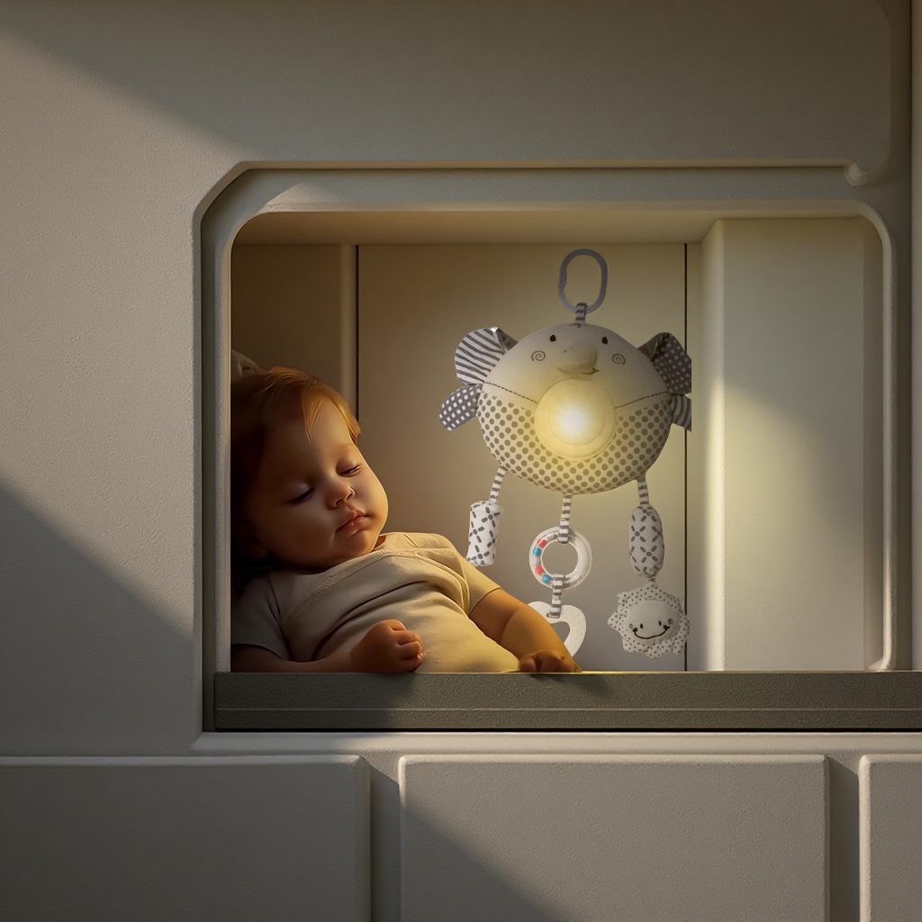 Cross-border baby soothing sound and light wind chime pendant 5-in-1 car bedside bell baby toy stroller bed hanging toy Application Scenario