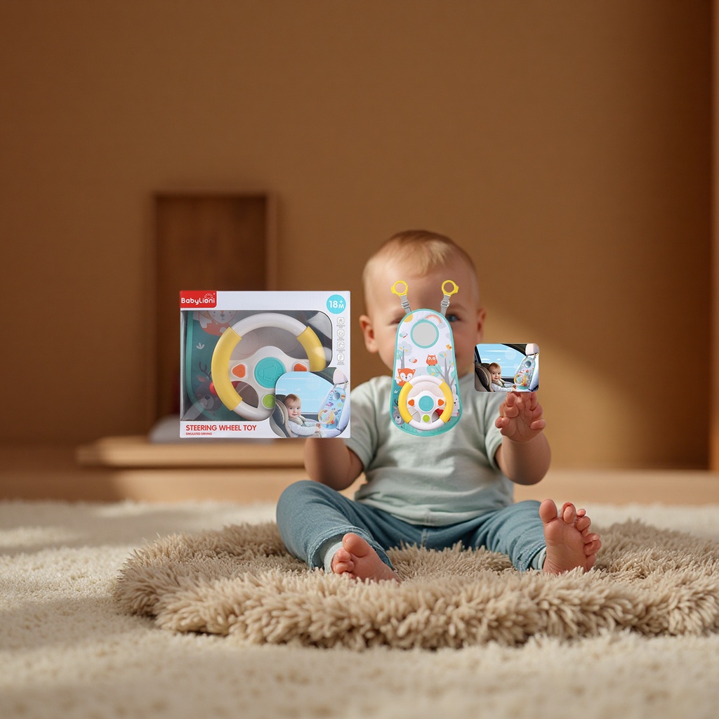 Children's car simulation sound and light steering wheel, baby intelligence multi-functional cartoon car driving early education toy, shape recognition matching toy Specification image