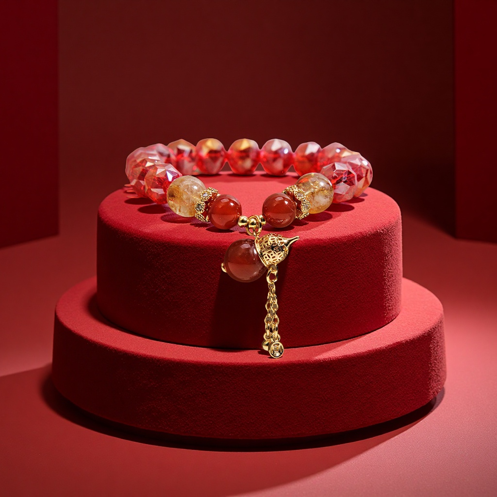 New Chinese-style red crystal bracelet for women, light luxury, niche and high-end feel, yellow tower crystal red agate gourd wealth attraction bracelet accessory