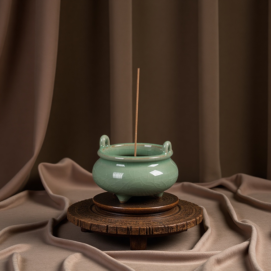 Longquan celadon three-legged incense burner, incense tube, incense tray, incense stick, ceramic household handicrafts and gifts for Buddha offering