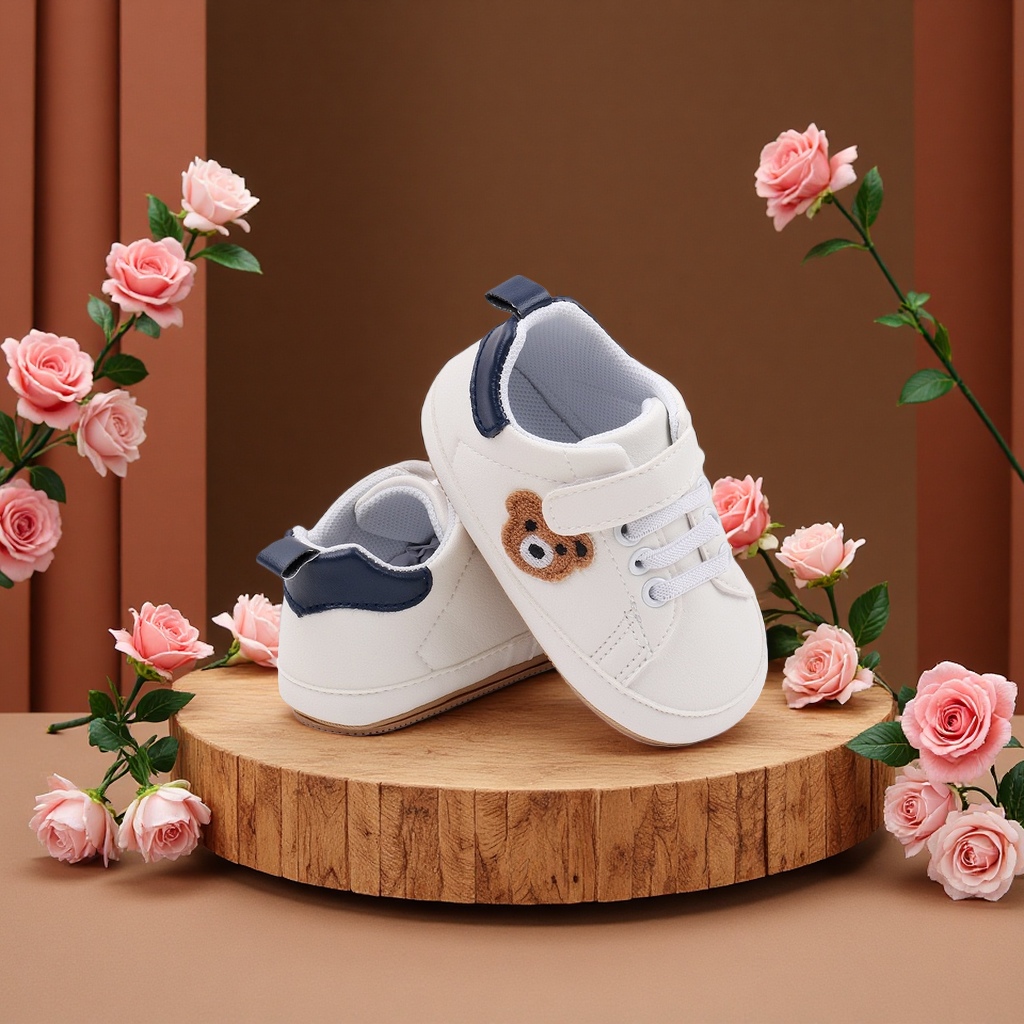 Casual sports embroidered cartoon bear baby shoes with rubber soles and anti-slip white shoes Specification image