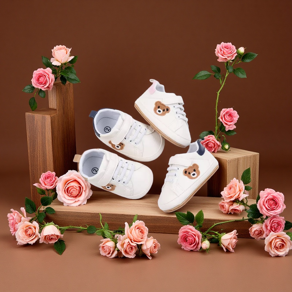 Casual sports embroidered cartoon bear baby shoes with rubber soles and anti-slip white shoes