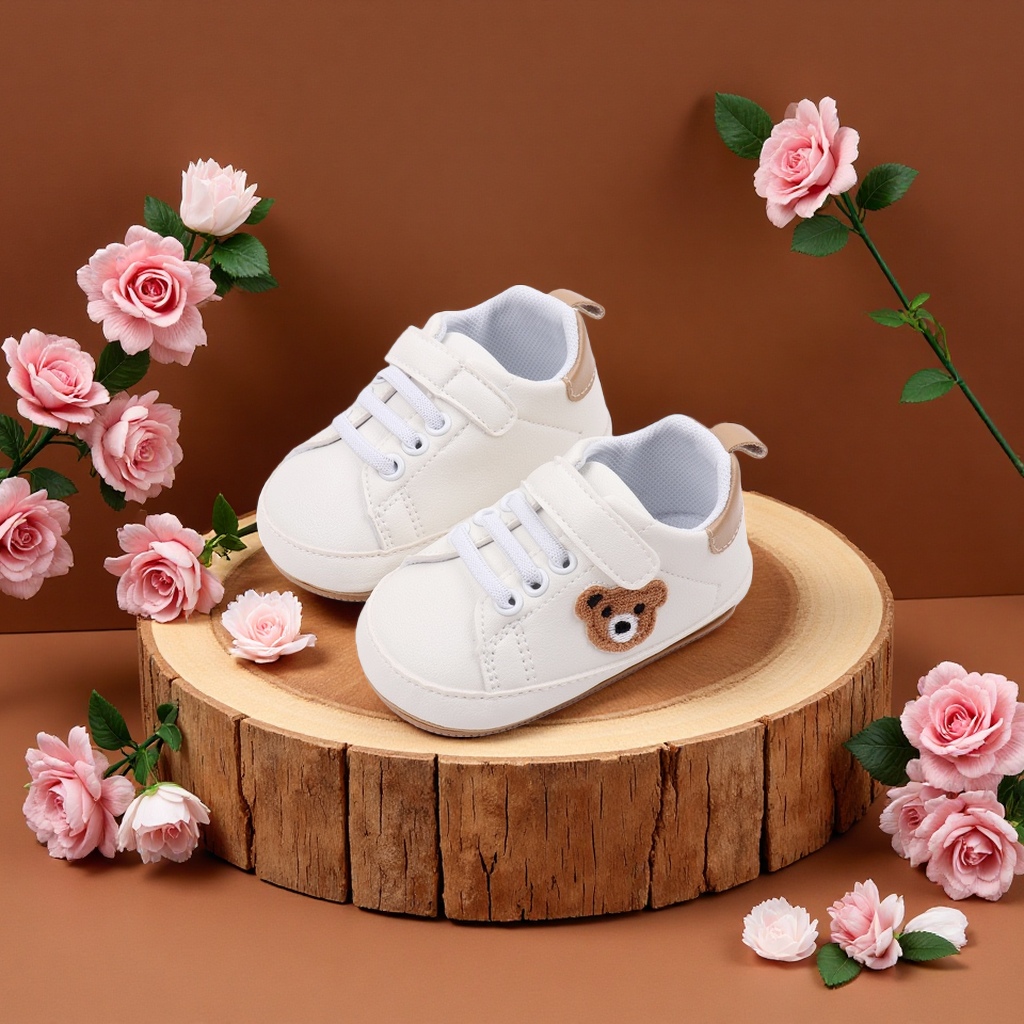 Casual sports embroidered cartoon bear baby shoes with rubber soles and anti-slip white shoes details Picture