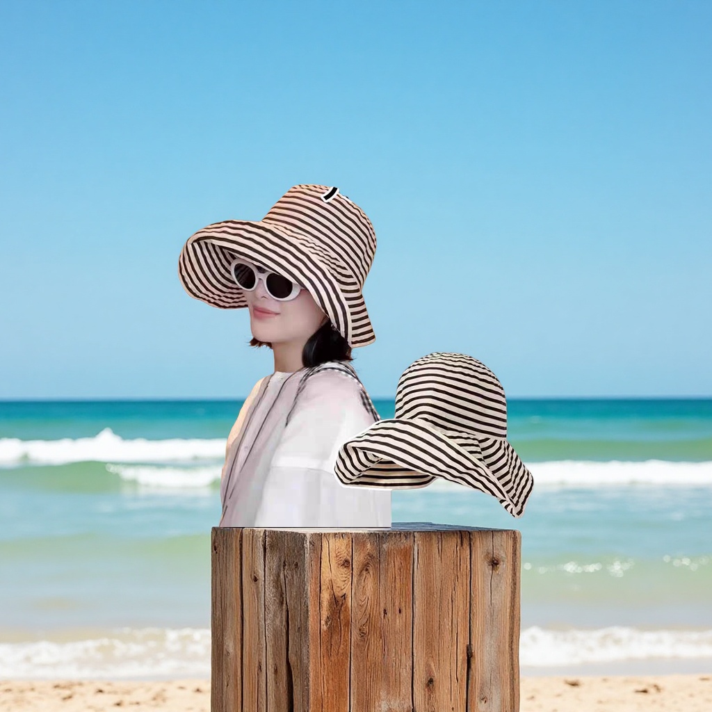 New Navy striped wide-brimmed hat for outdoor sunshade