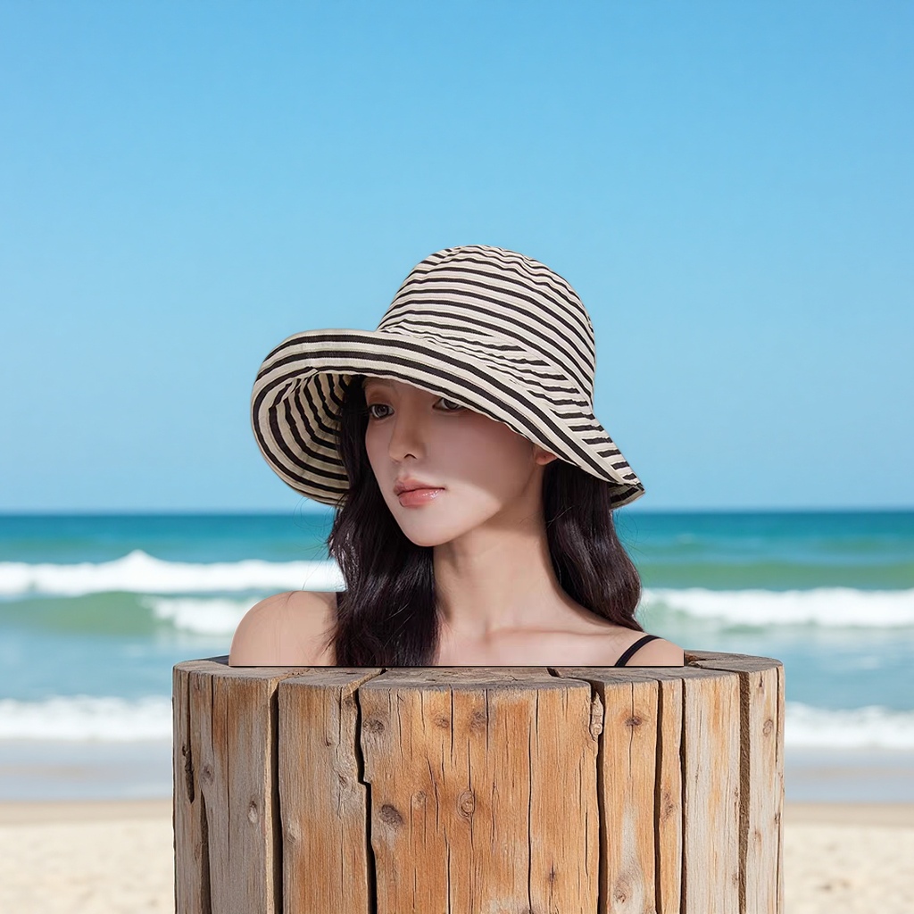 New Navy striped wide-brimmed hat for outdoor sunshade details Picture