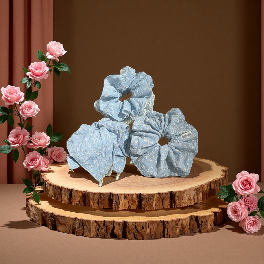 韩版甜美蓝色刺绣方巾个性马尾夹女森系少女后脑勺发抓新款发饰细节图