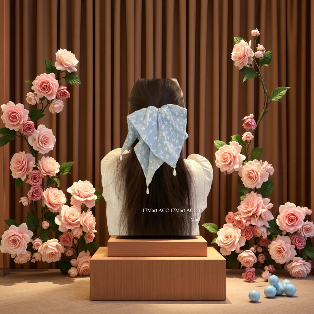 韩版甜美蓝色刺绣方巾个性马尾夹女森系少女后脑勺发抓新款发饰