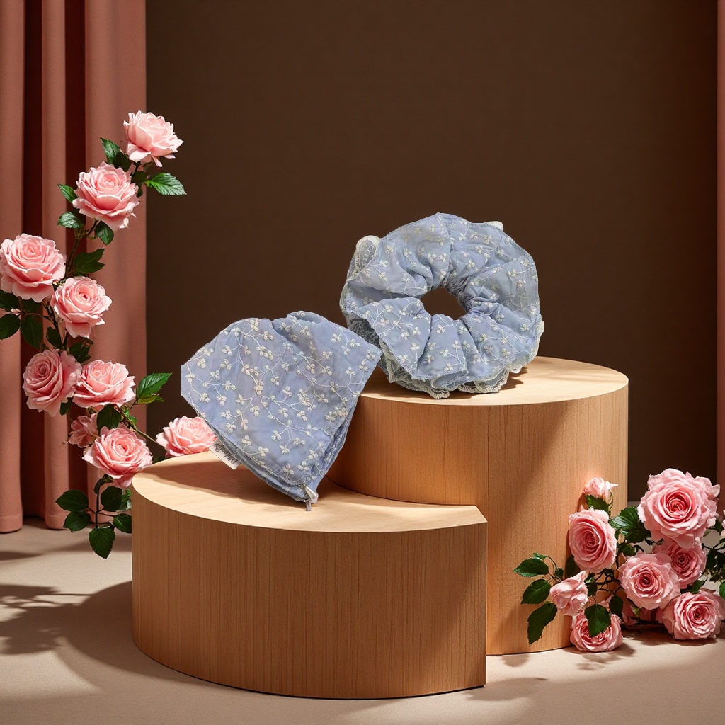 韩版甜美蓝色刺绣方巾个性马尾夹女森系少女后脑勺发抓新款发饰产品图