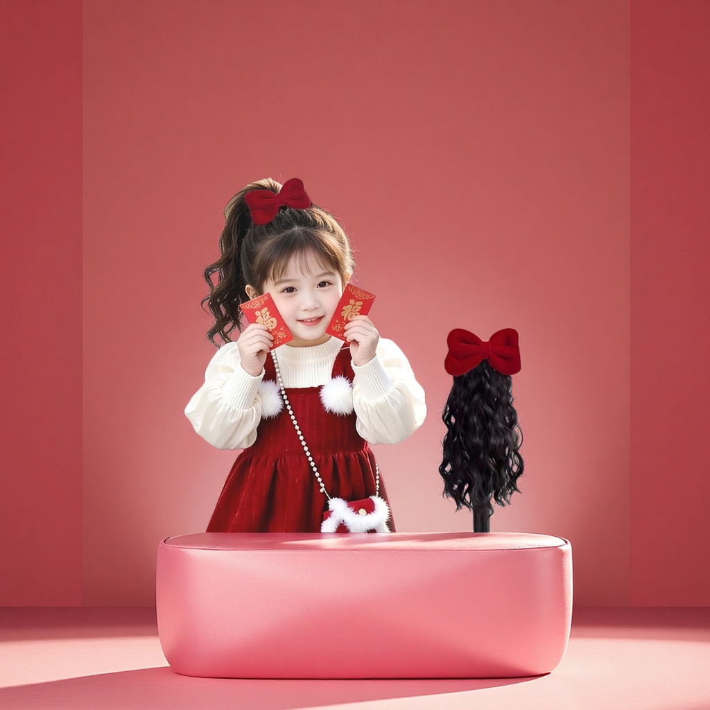 Red velvet bow children's wig, realistic hair, cute little princess, wool curls, ponytail, hair clip in one piece Red velvet bow children's wig, realistic hair, cute little princess, wool curls, ponytail, hair clip in one piece