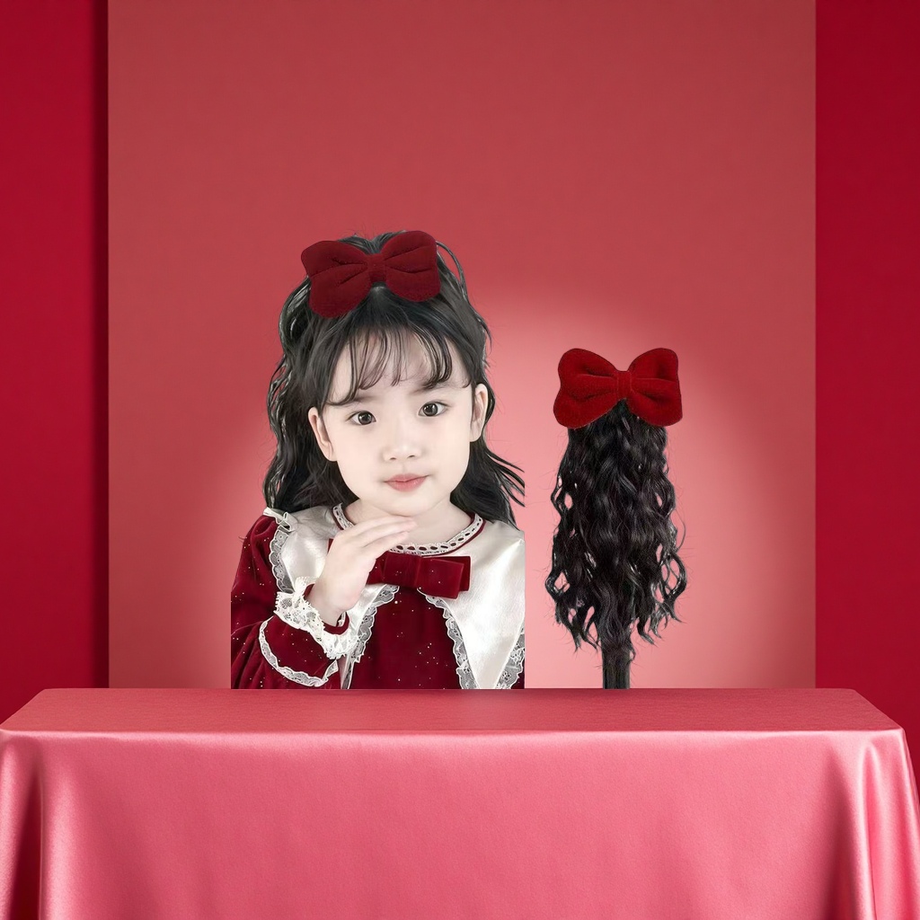 Red velvet bow children's wig, realistic hair, cute little princess, wool curls, ponytail, hair clip in one piece details Picture