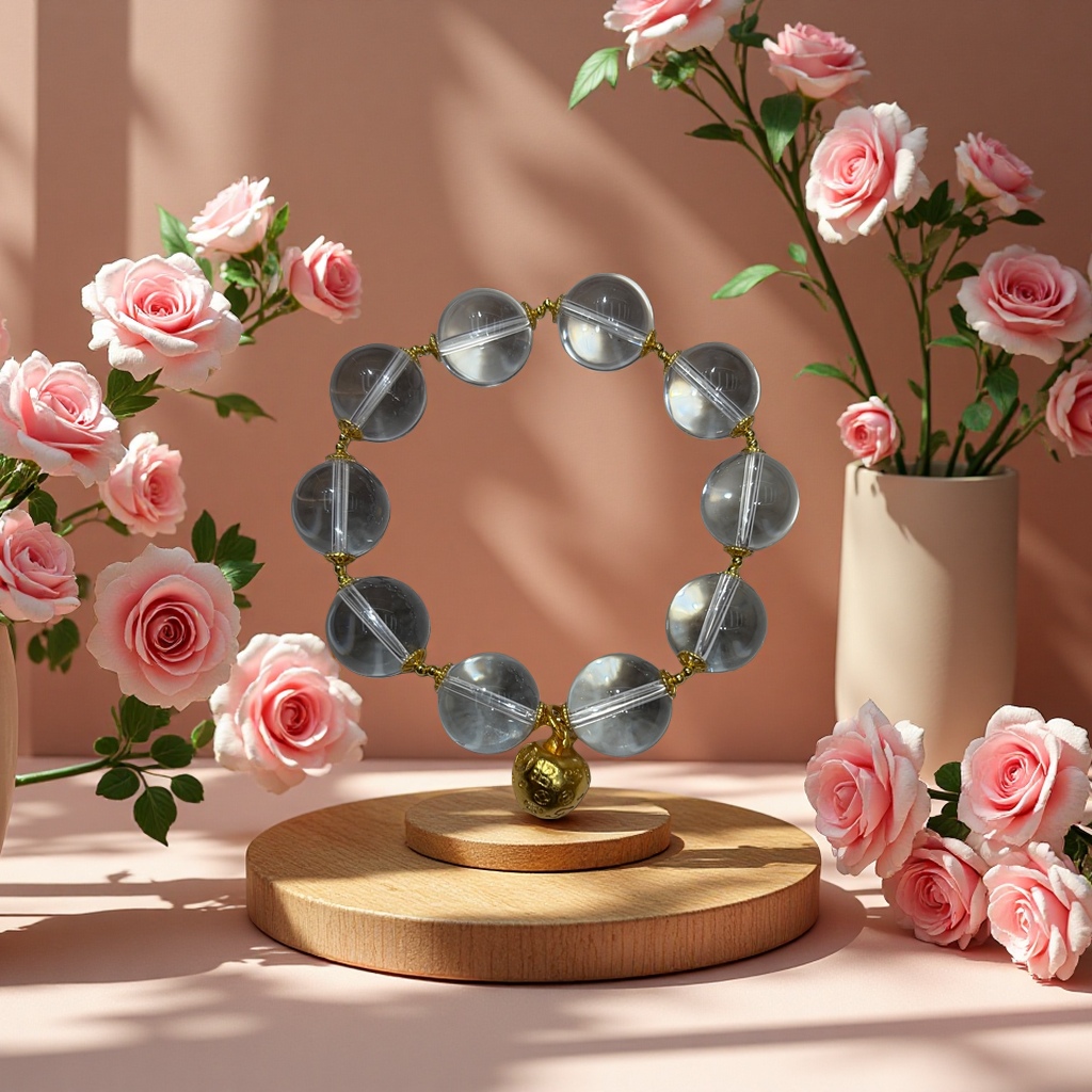 原创中式天然高冰白水晶大咪数颗粒手串女生招财清冷高级感配沙金苹果