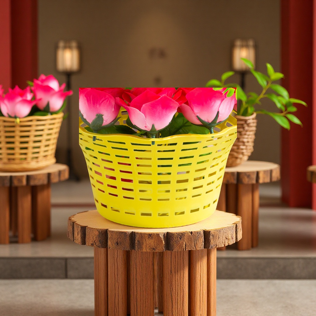 Qingming artificial flower plastic hand-held flower baskets, flower POTS, garden decoration, rattan woven flower vases, sacrificial garden plastic flower baskets, flower POTS, handicrafts, gifts, plastic handicrafts Application Scenario