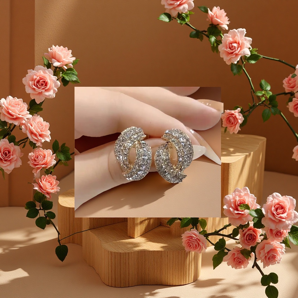 2025新款潮百搭气质交叉水晶耳钉高级感耳扣轻奢法式几何银针耳环