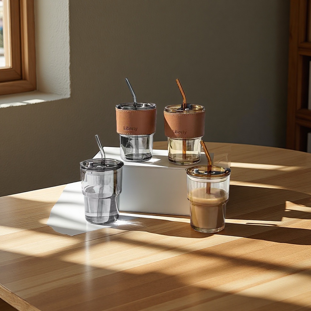 INS bamboo joint glass cup, double-drinking straw cup, high-temperature resistant office gift cup, beverage coffee cup