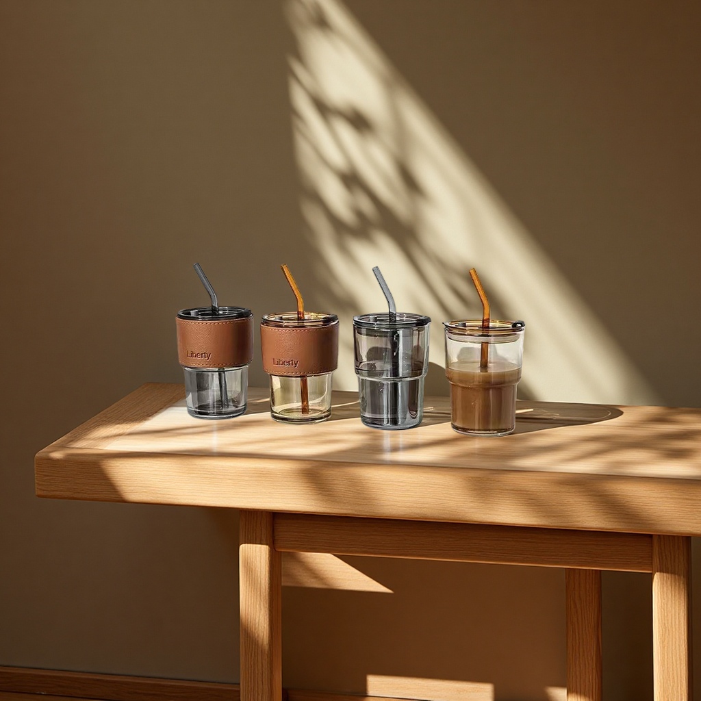 INS bamboo joint glass cup, double-drinking straw cup, high-temperature resistant office gift cup, beverage coffee cup details Picture