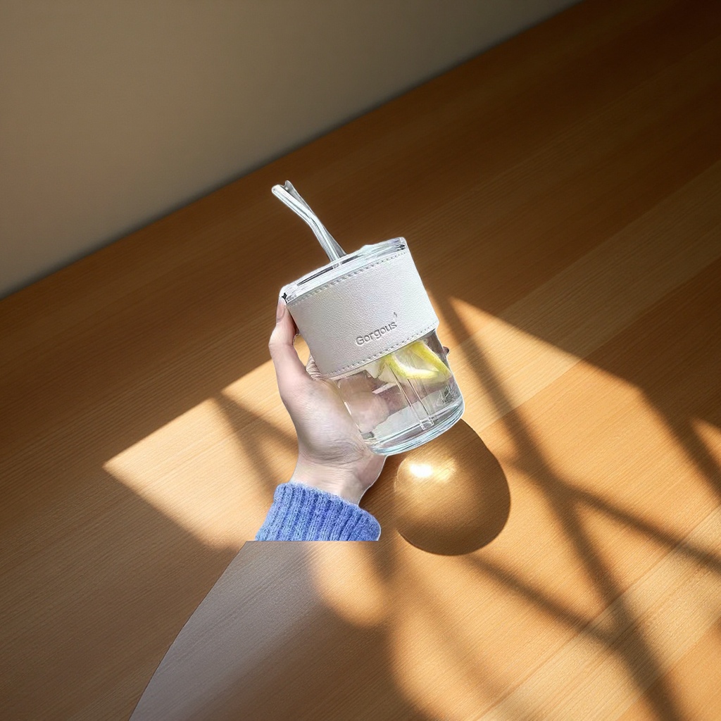 INS bamboo joint glass cup, double-drinking straw cup, high-temperature resistant office gift cup, beverage coffee cup Item Picture