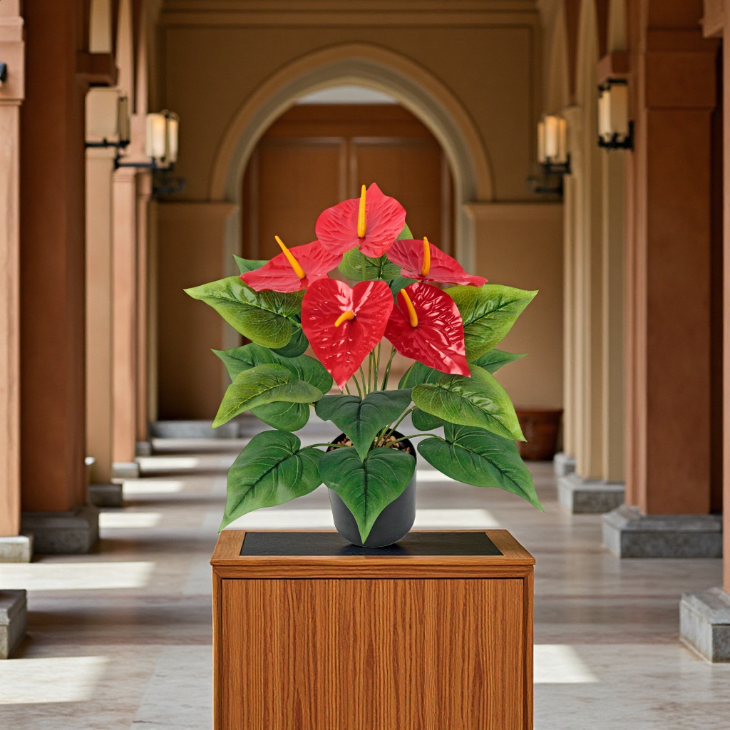 Finished handcrafted red artificial flower anthurium decoration, wedding spring plants, kalanchoe potted artificial green plants, office culture