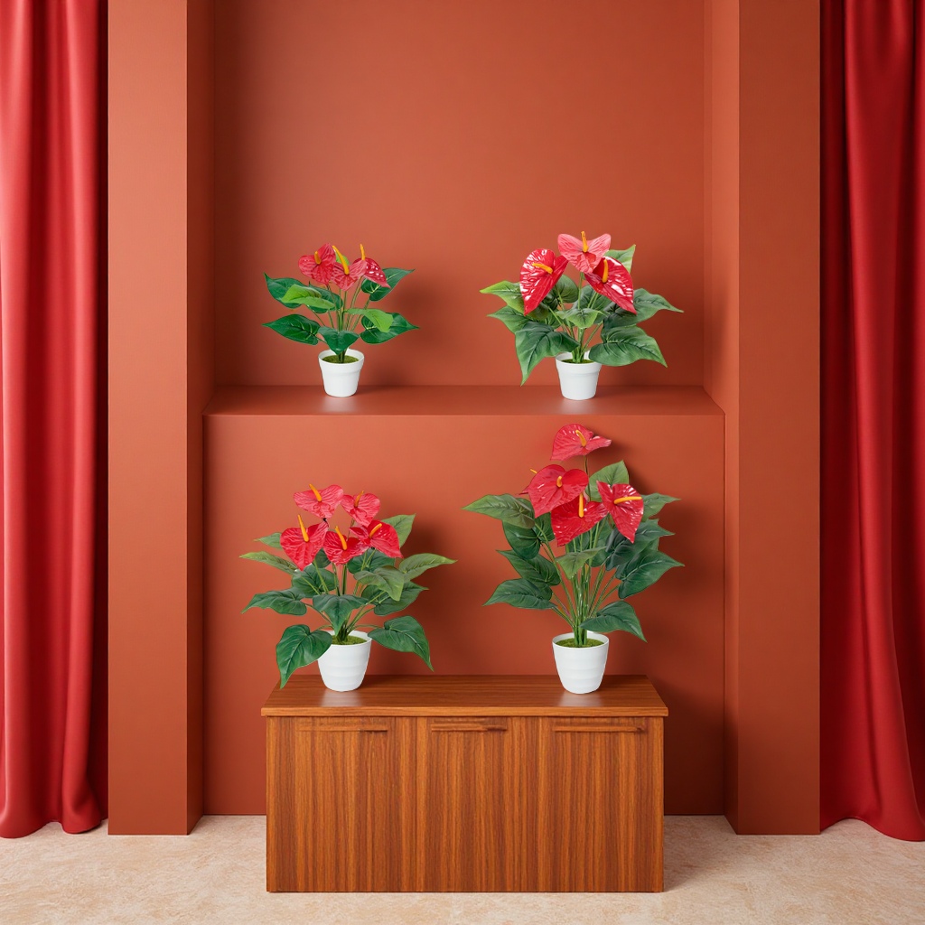 Finished handcrafted red artificial flower anthurium decoration, wedding spring plants, kalanchoe potted artificial green plants, office culture details Picture