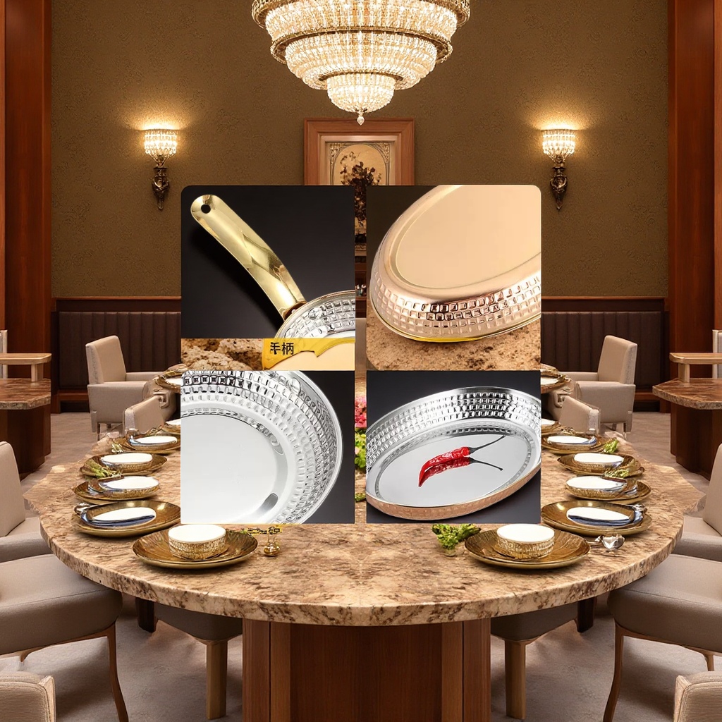 Stainless steel golden double-ear hammer-patterned plate, hotel commercial fried chicken, hot pot restaurant creative snack plate, Western cuisine steak plate Application Scenario