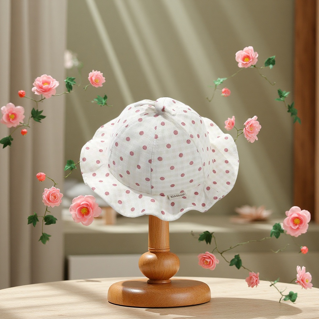 韩版波点荷叶边儿童盆帽