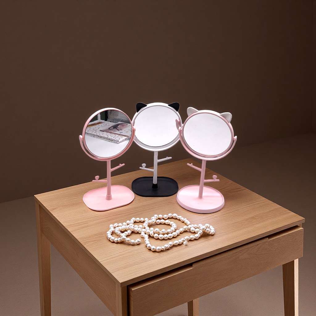 亚马逊时尚猫耳朵多功能化妆镜高清单面镜耳饰摆放台式镜家用电器个护电器护肤美妆镜