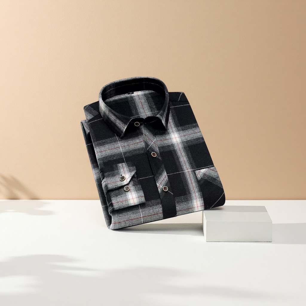 Men's brushed plaid long-sleeved shirt, casual, breathable, comfortable and slimming style detail image 2