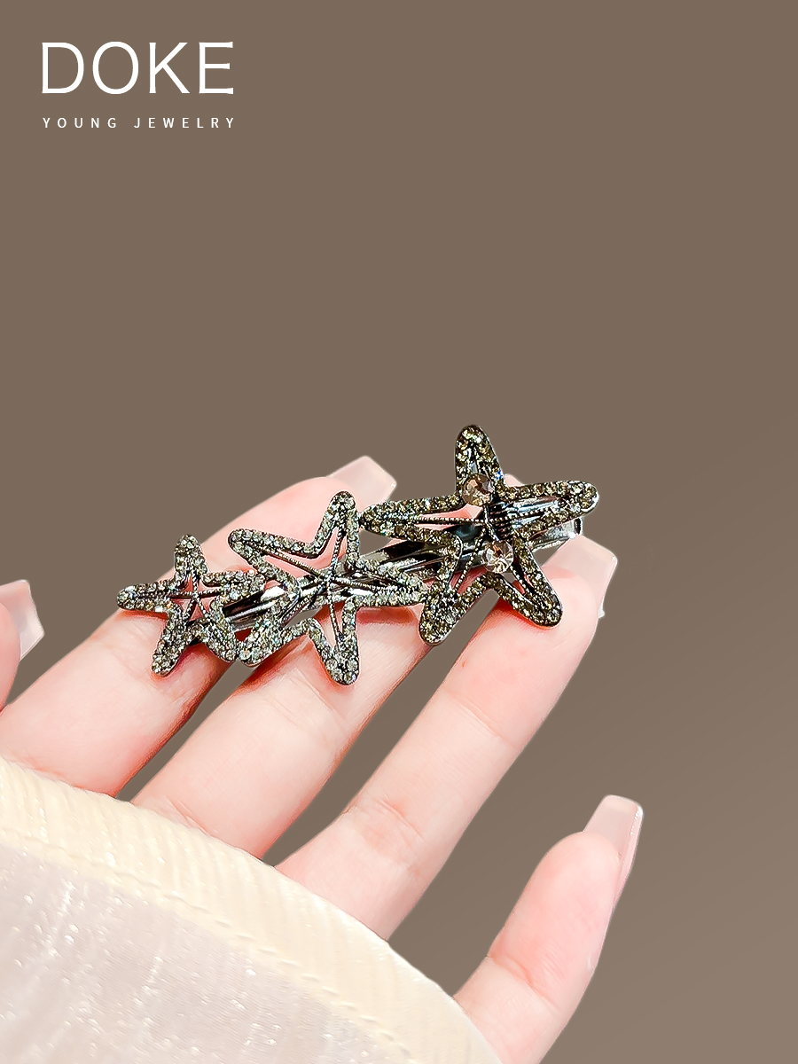 黑色海星发夹女小众设计感刘海侧边夹水钻发卡鸭嘴夹子碎发夹头饰细节图