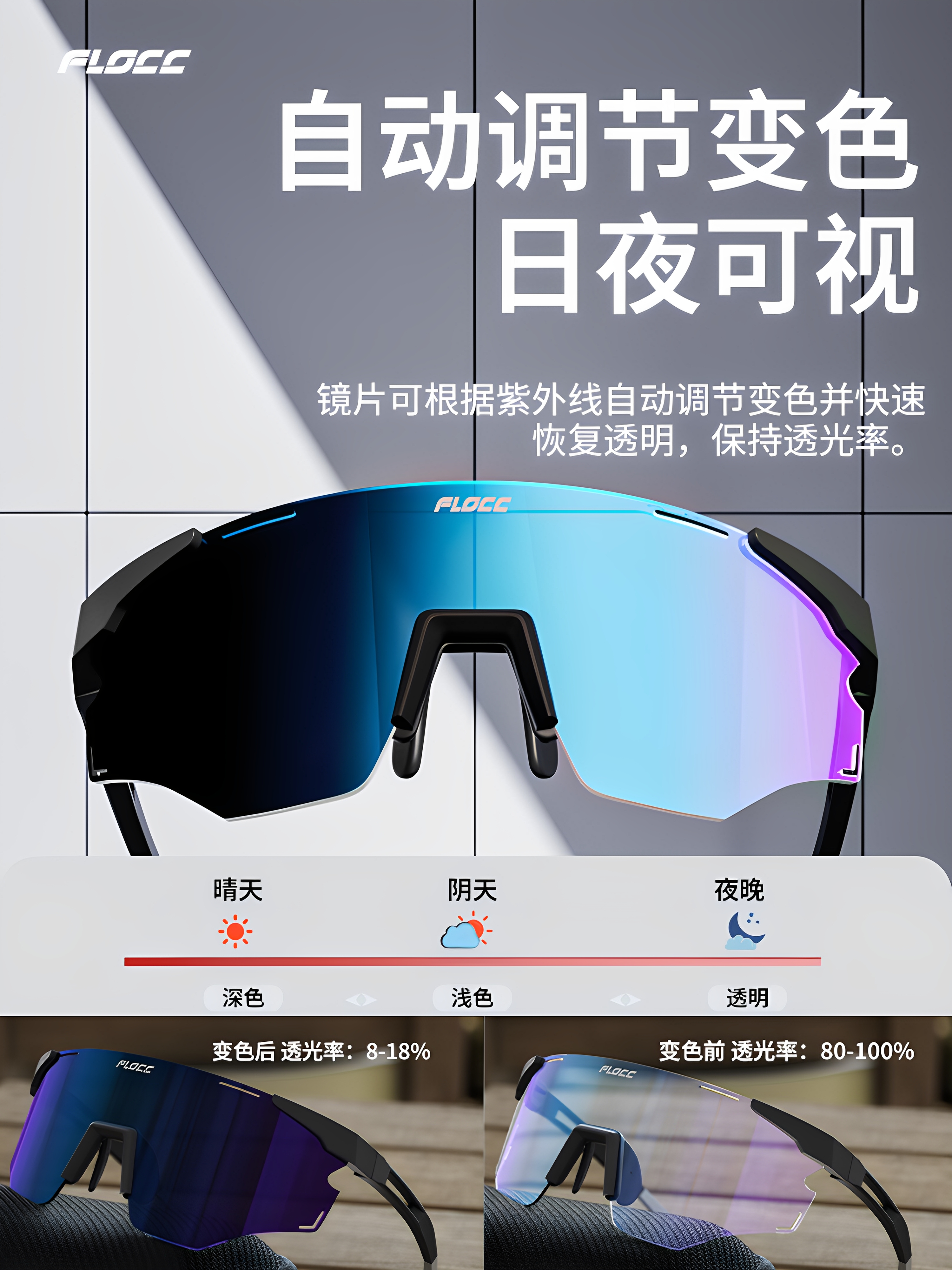 Anti-fog and color-changing cycling goggles for day and night use, men's and women's outdoor mountain climbing and running, windproof and sandproof details Picture