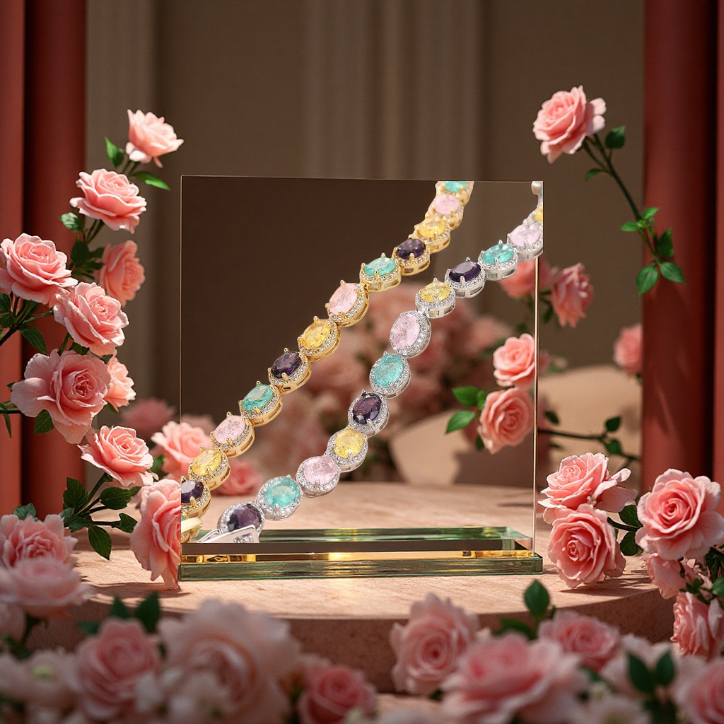 跨境欧美时尚镂空椭圆形手链镀金镶嵌锆石女士彩色百搭手饰