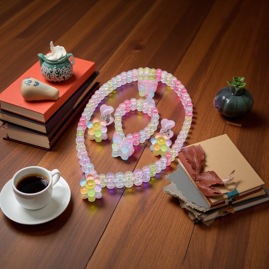 儿童款串珠项链手链可爱卡通多巴胺彩色小女孩颈链女童首饰品套装 