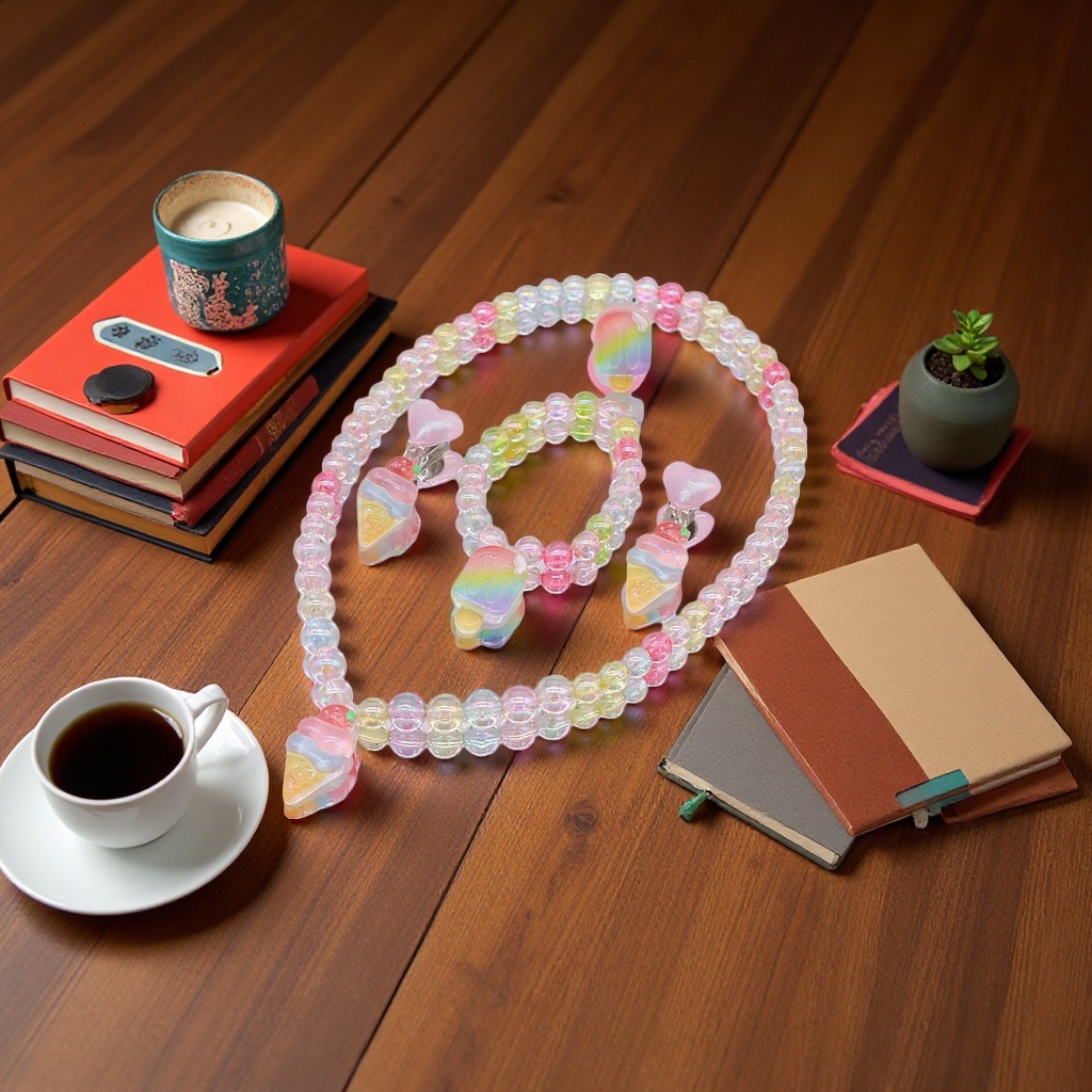 Children's beaded necklace bracelet, cute cartoon dopamine colorful little girl necklace, girls' head accessory set details Picture
