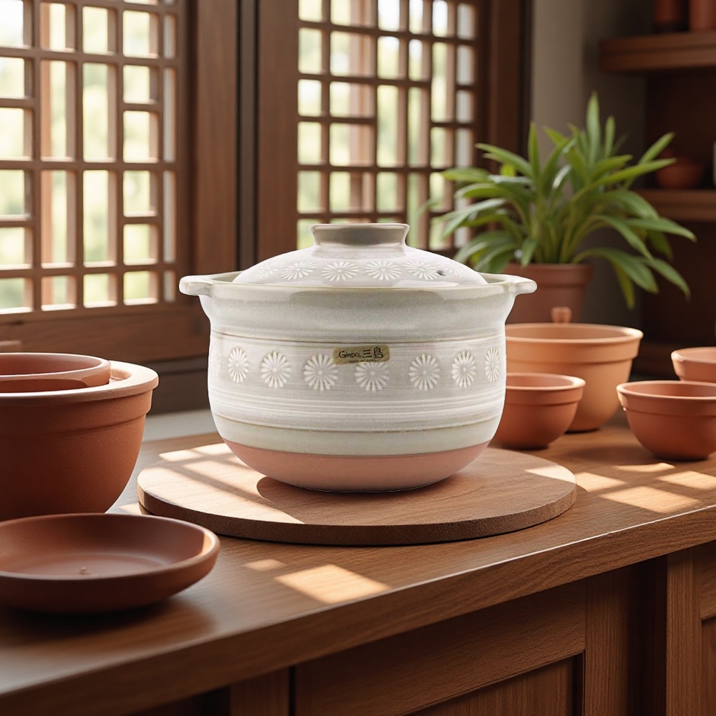 The Kangshu stew pot, with its double lid for cooking rice, is a clay pot and enamel kitchenware that is durable and keeps warm Specification image